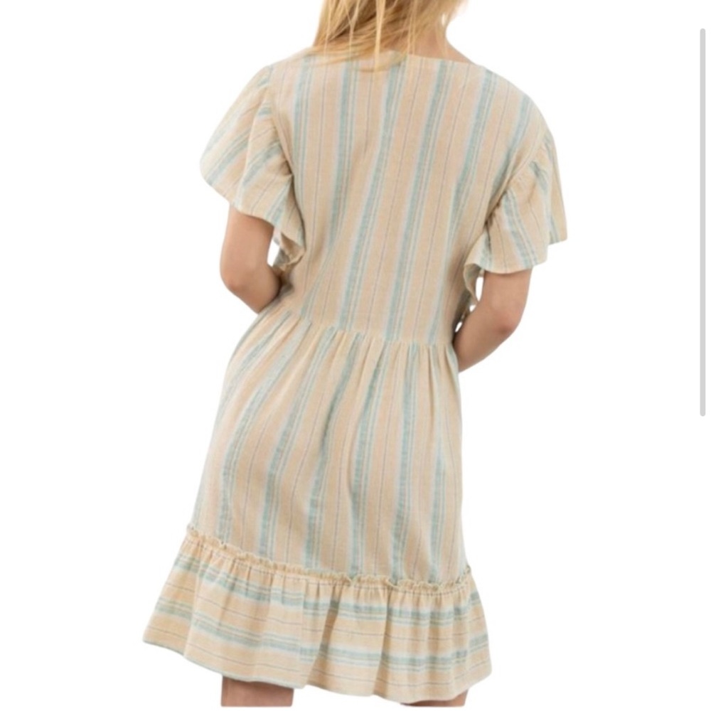 007.NWT Natural/Lilac/Green Stripe Babydoll V-Neck Dress - Picture 2 of 12